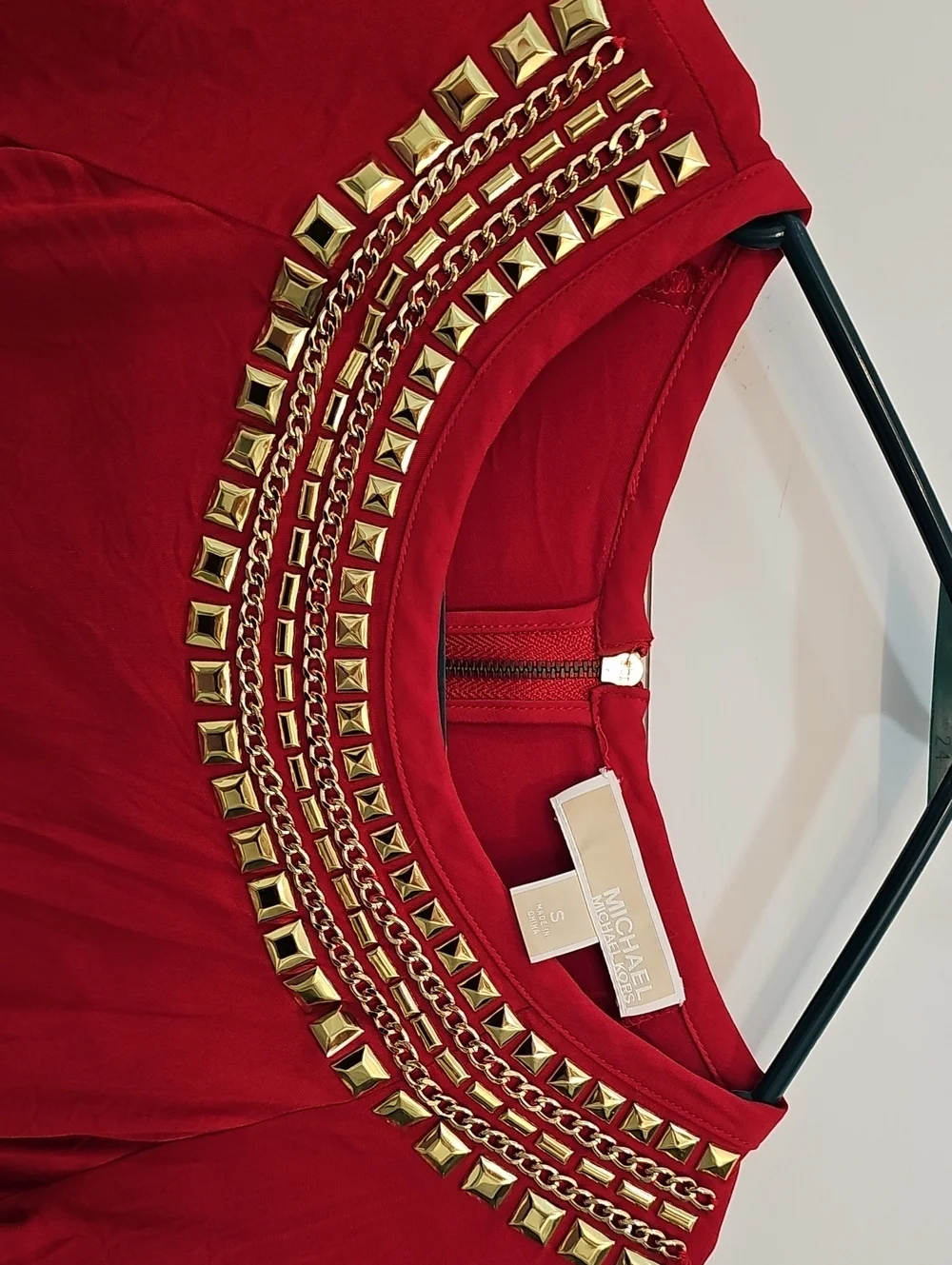 Michael Kors Red Short Sleeve Top with Gold Neck Embellishment